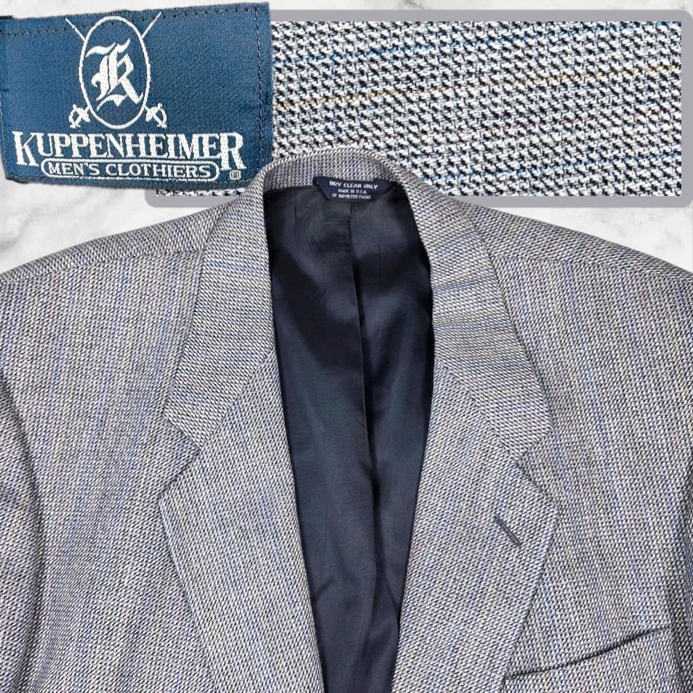 Vintage Kuppenheimer Blazer Sport Coat Mens 44L Wool Grey Birdseye Donegal Tweed